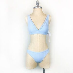 Jonathan Simkhai Sky Blue Ribbed Henley Bikini Designer Swimwear XS NWT